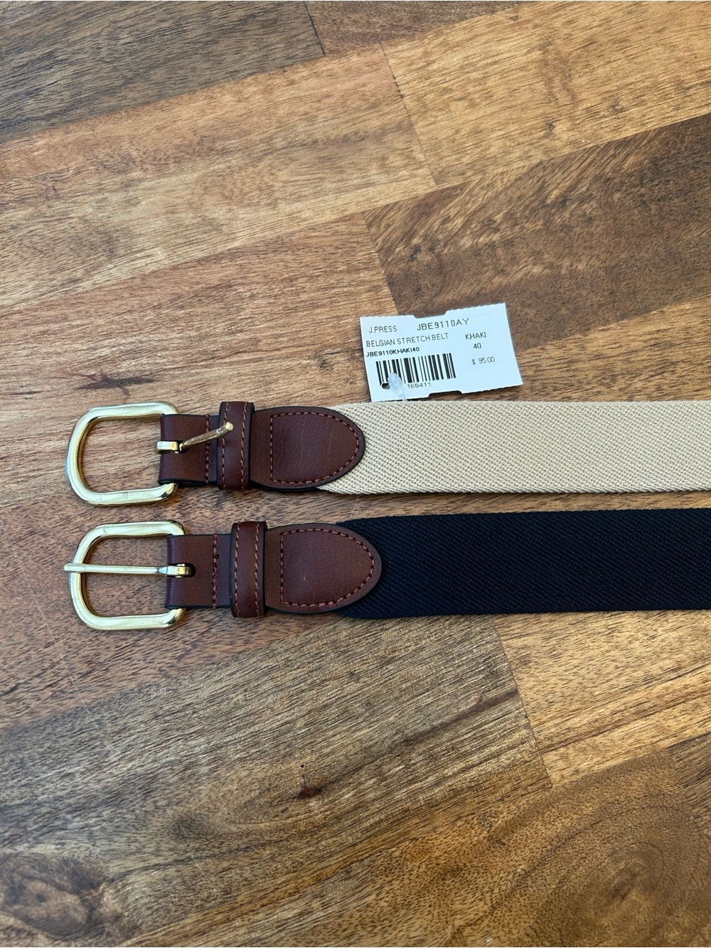 J.Press Belgian Stretch Belts Navy & Khaki Leather Trim Size 40 Set of 2